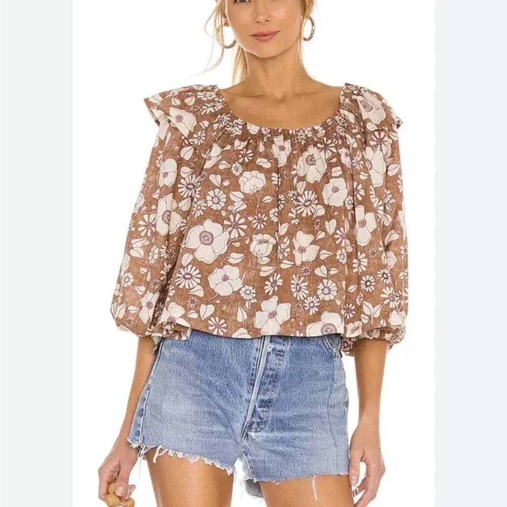 Free People Miss Daisy Floral Printed Top Long Sleeve Off Shoulder Brown Sz L